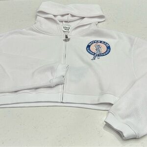 Boys Lie White Waffle-Knit Hooded Zip Jacket with Blue & Tan Patch-NWT